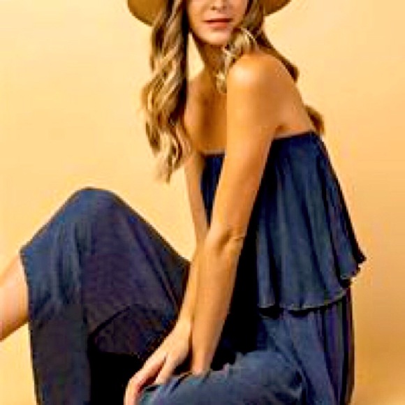 INDIGO MINERAL WASHED RUFFLE JUMPSUIT - Picture 2 of 5